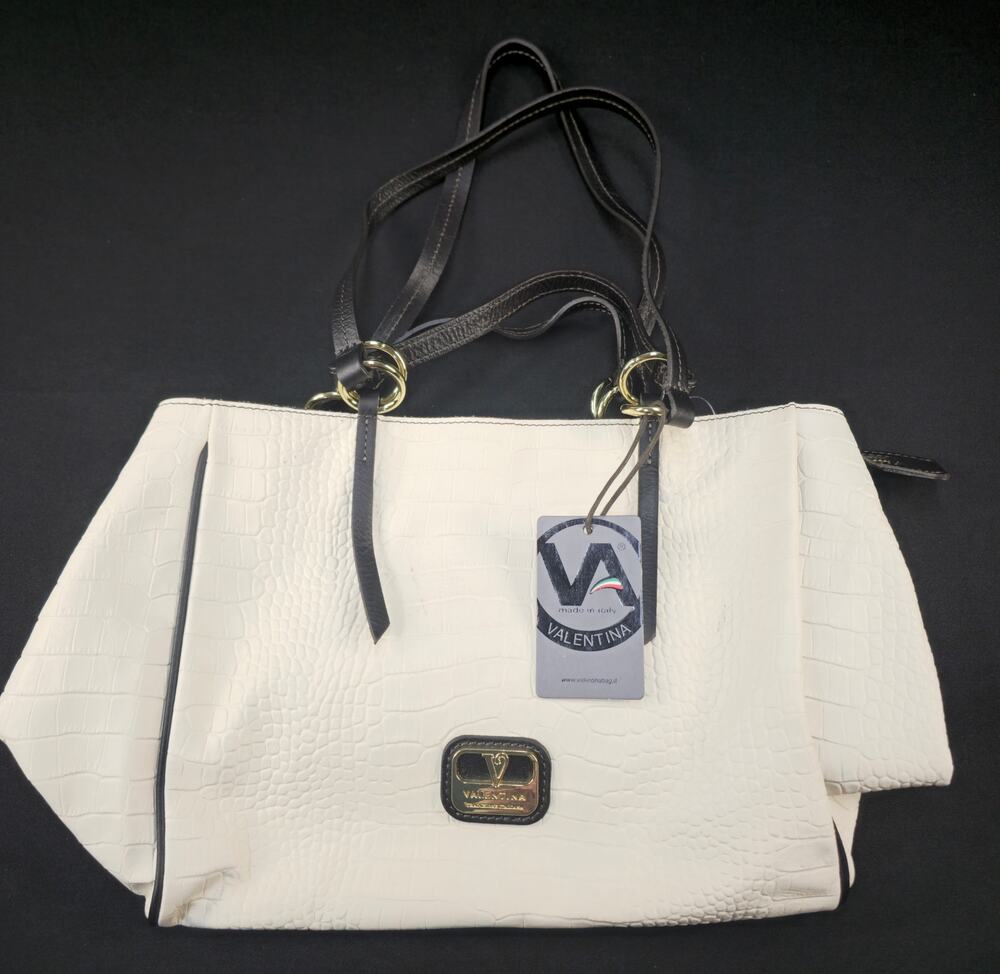 Valentina Genuine Italian Leather Tote Bag White Croc Embossed Handbag NWT